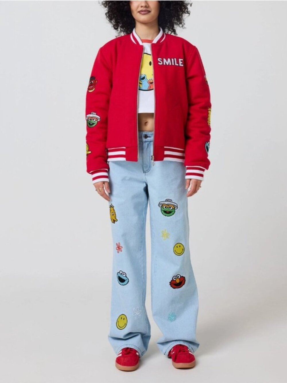 Sesame Street The Happiness Crew Varsity Jacket Smiley size Large